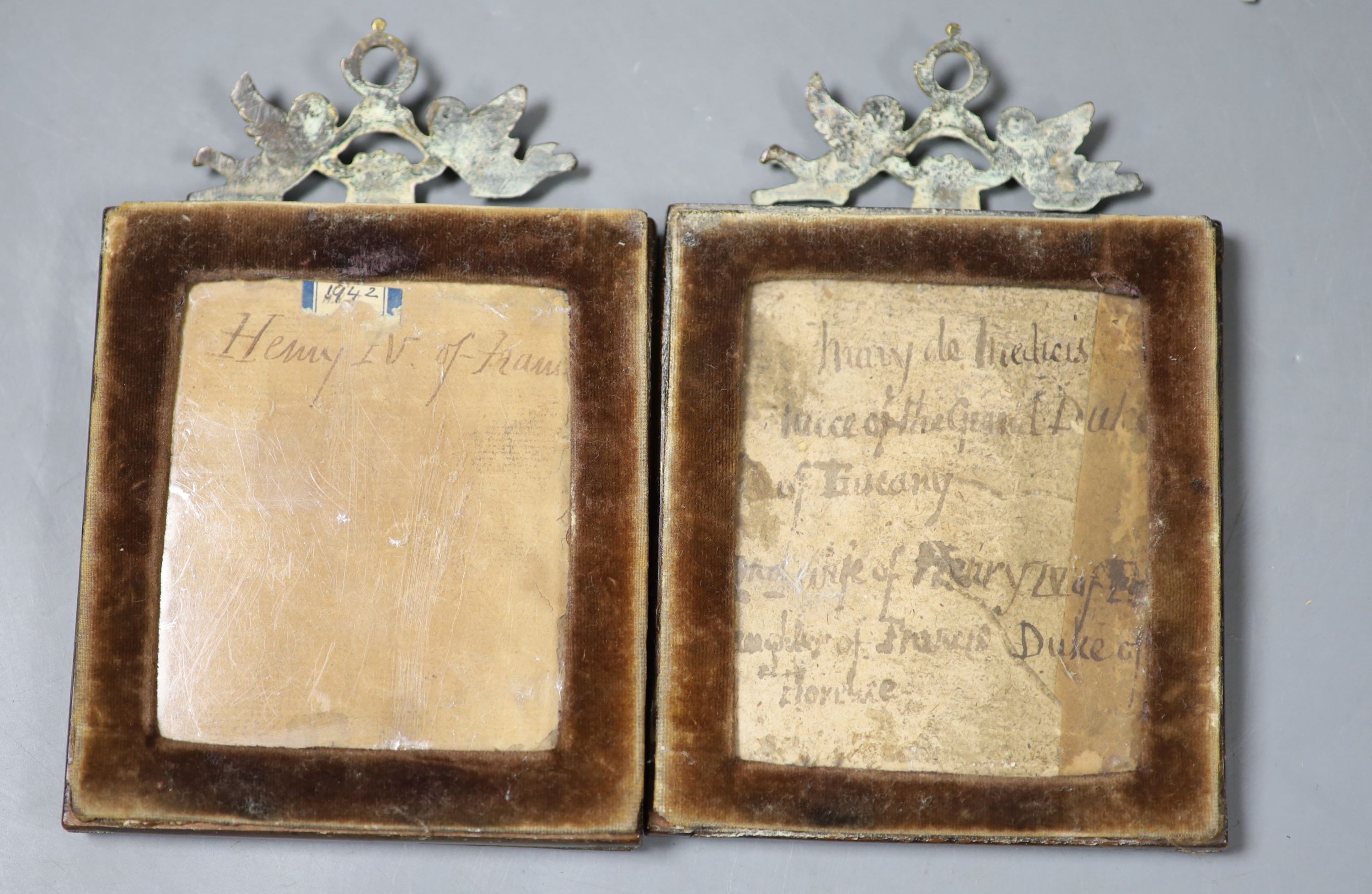 A pair of 19th century brass portrait miniatures on ivory of Henry V of France and Mary De Medici of Tuscany, both 10cm